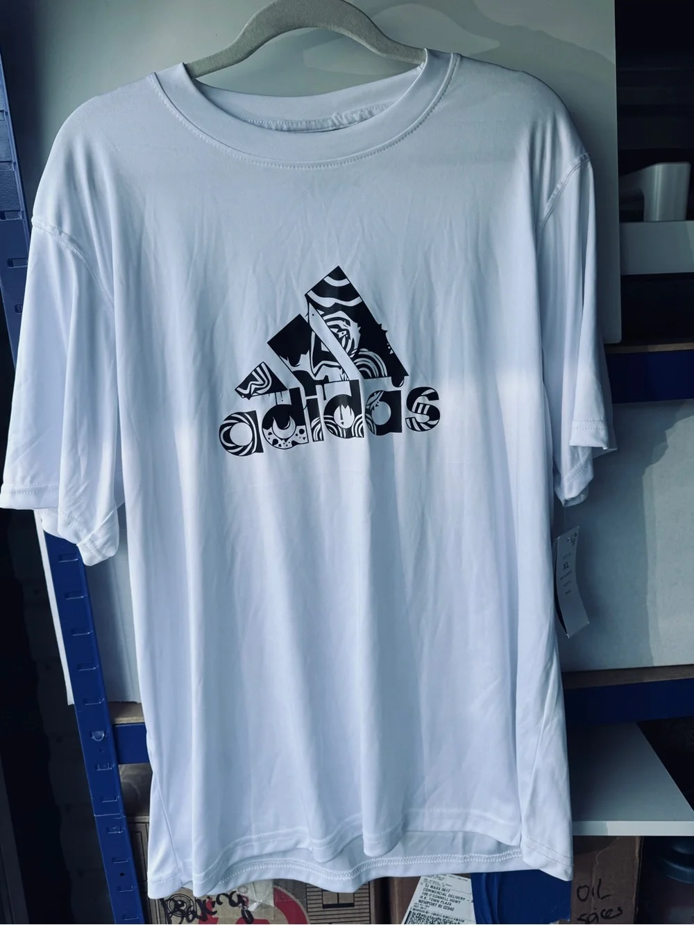 adidas White Short Sleeve Tee with Black Patterned Logo